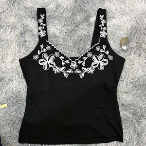J.Crew Black Floral Embroidered Tank Top with White Appliqué